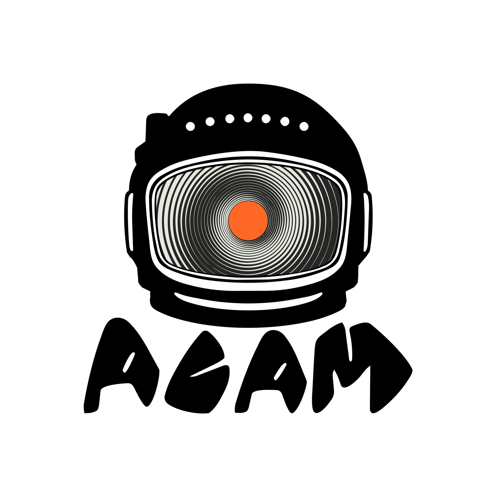 Scop : casque de cosmonaute avec visière en cercles concentriques et point orange, wordmark manuscrit ACAM.